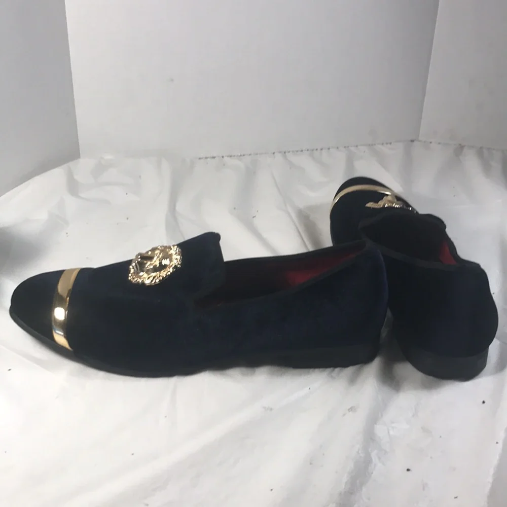 Mens Jitai Penny Blue Velvet Luxury Loafers with Gold Toned Lion & Bar Accents